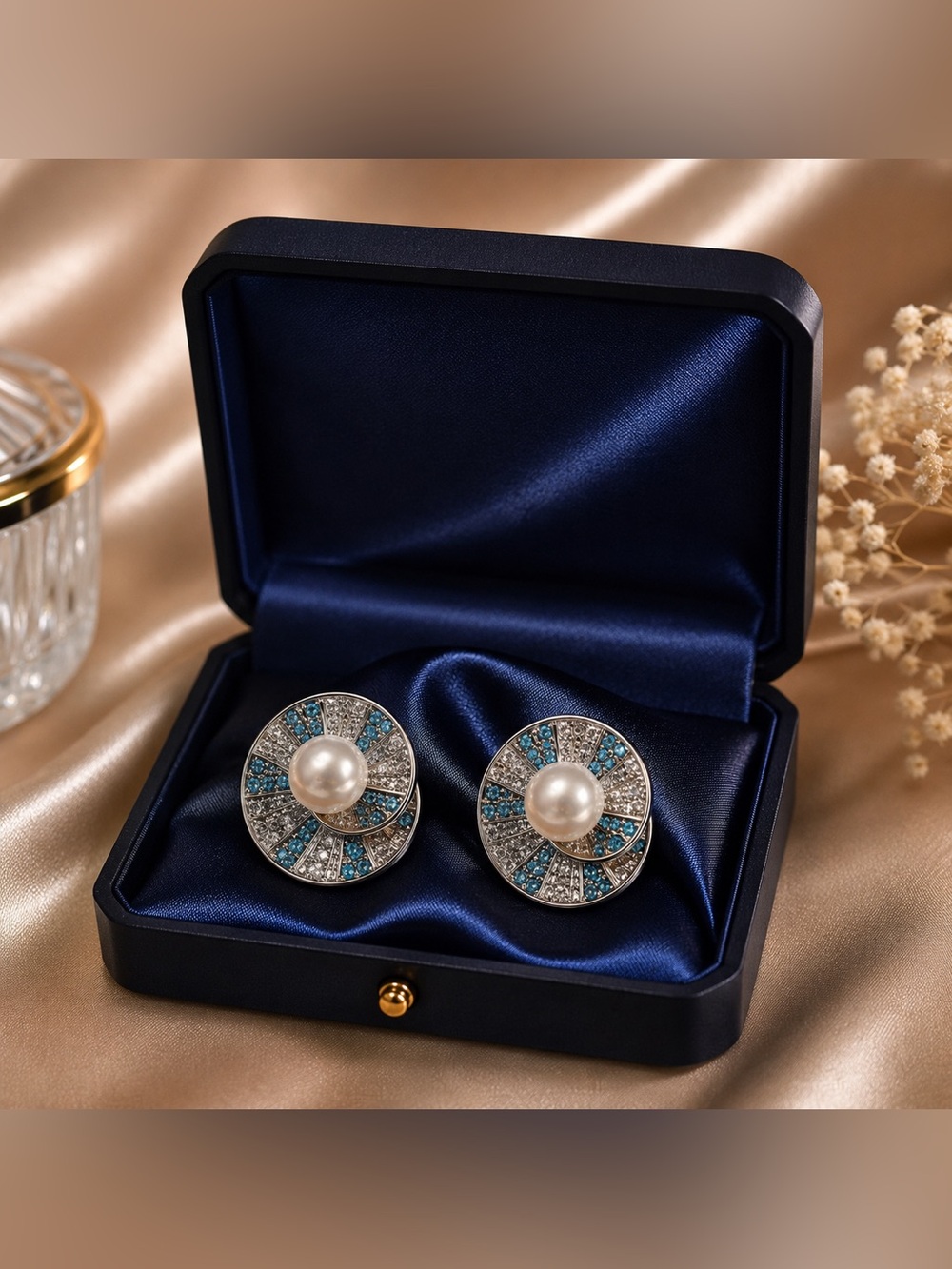 Pearl Center Blue & Silver Crystal Round Stud Earrings NWOT - Picture 3 of 5
